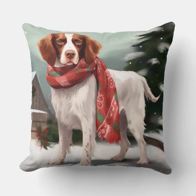 Brittany Spaniel Dog in Snow Christmas Cushion (Front)