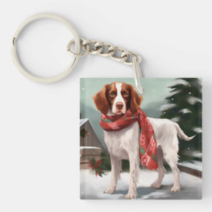 Brittany Spaniel Dog in Snow Christmas Key Ring