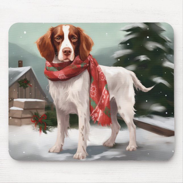 Brittany Spaniel Dog in Snow Christmas Mouse Mat (Front)
