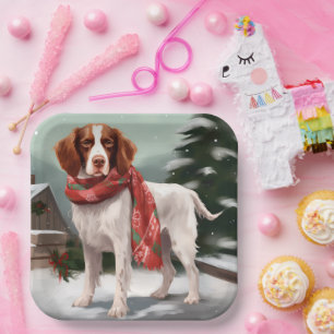 Brittany Spaniel Dog in Snow Christmas Paper Plate