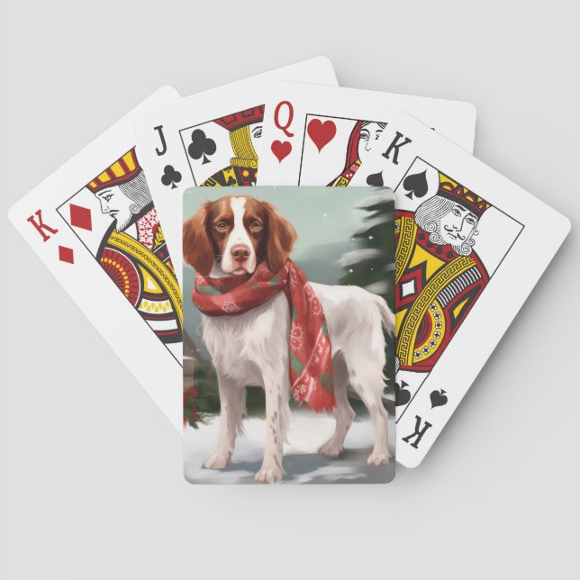 Brittany Spaniel Dog in Snow Christmas Playing Cards (Back)