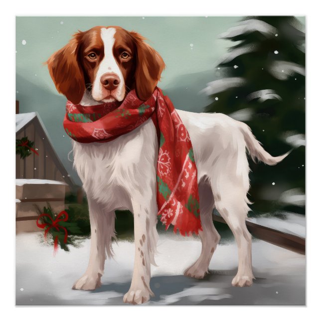Brittany Spaniel Dog in Snow Christmas Poster (Front)