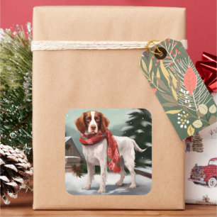 Brittany Spaniel Dog in Snow Christmas Square Sticker