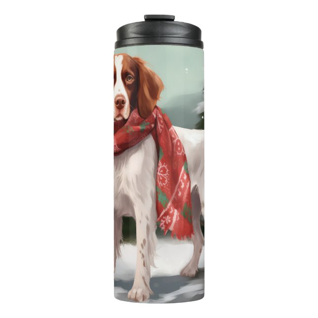 Brittany Spaniel Dog in Snow Christmas Thermal Tumbler (Front)