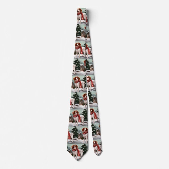 Brittany Spaniel Dog in Snow Christmas Tie (Front)