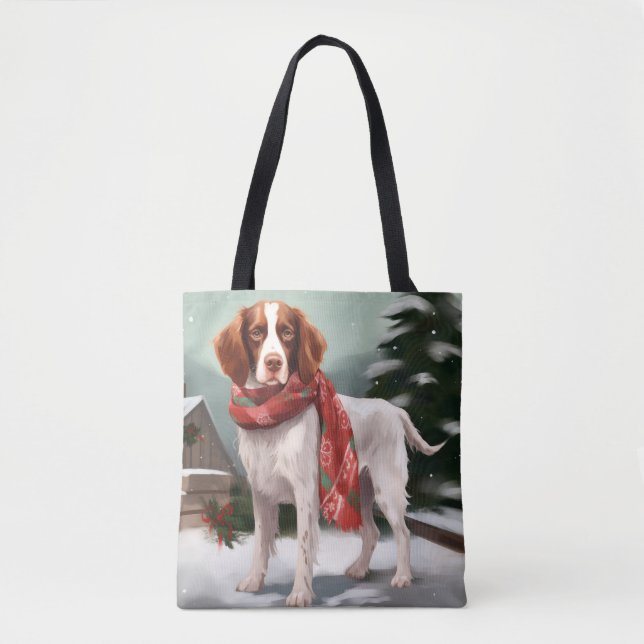 Brittany Spaniel Dog in Snow Christmas Tote Bag (Front)