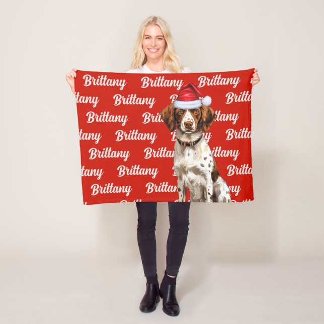 Brittany Spaniel Dog Name Patterned Christmas Fleece Blanket (In Situ)