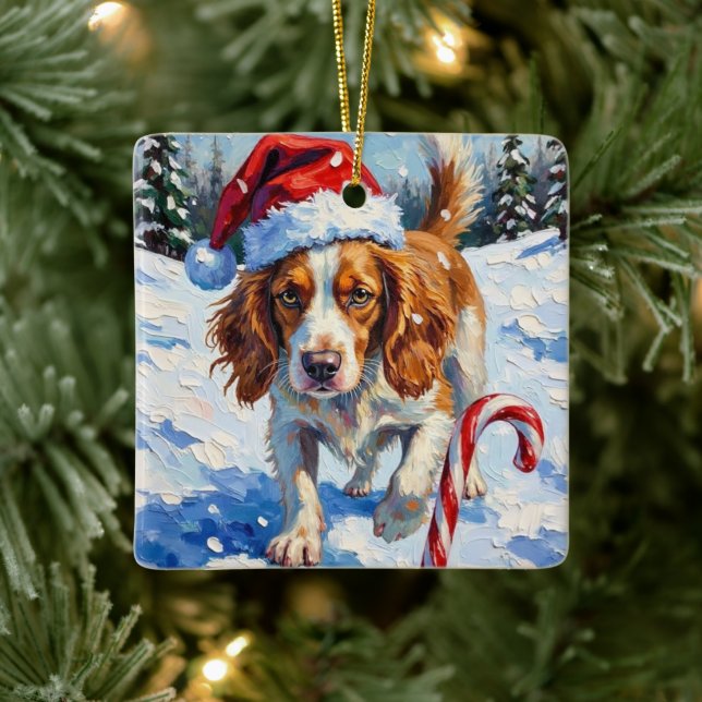 Brittany Spaniel Dog Pointing at Christmas Candy Ceramic Ornament (Tree)