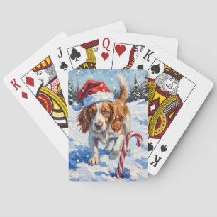 Brittany Spaniel Dog Pointing at Christmas Candy Playing Cards