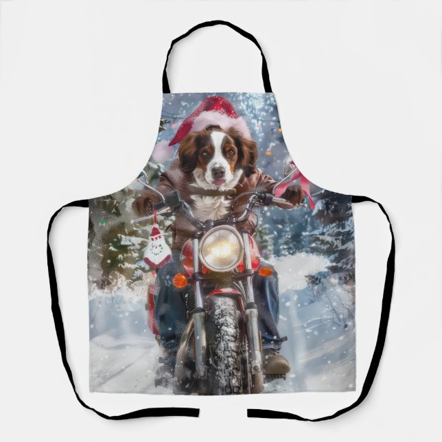 Brittany Spaniel Dog Riding Motorcycle Christmas Apron (Front)
