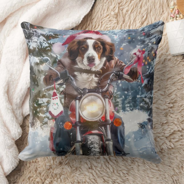 Brittany Spaniel Dog Riding Motorcycle Christmas Cushion (Blanket)