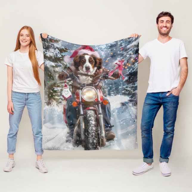 Brittany Spaniel Dog Riding Motorcycle Christmas Fleece Blanket (In Situ)