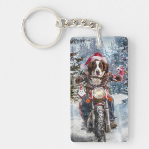 Brittany Spaniel Dog Riding Motorcycle Christmas Key Ring