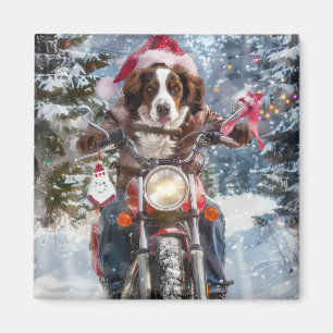 Brittany Spaniel Dog Riding Motorcycle Christmas Magnet