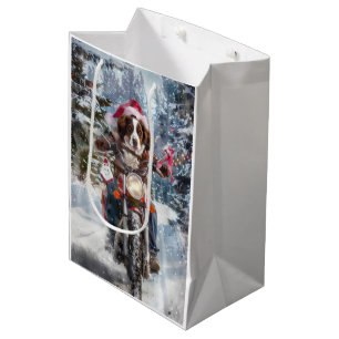 Brittany Spaniel Dog Riding Motorcycle Christmas Medium Gift Bag