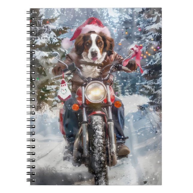 Brittany Spaniel Dog Riding Motorcycle Christmas Notebook (Front)