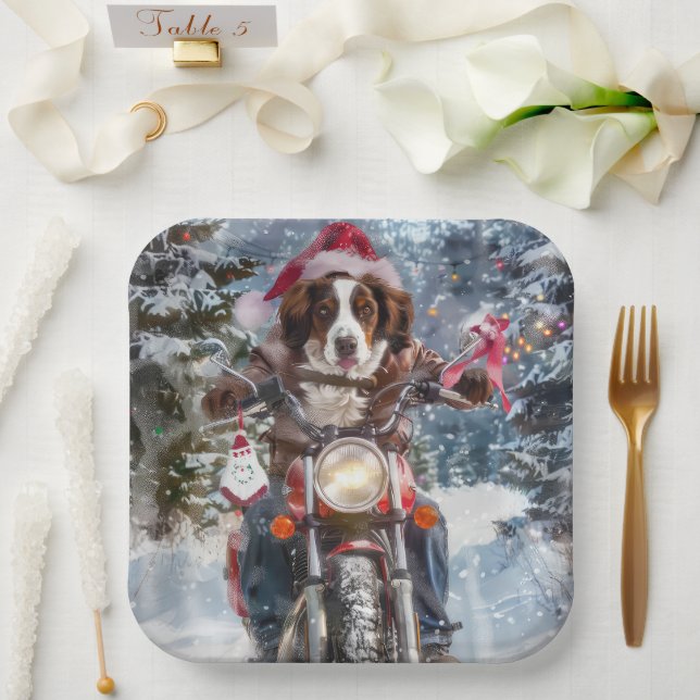 Brittany Spaniel Dog Riding Motorcycle Christmas Paper Plate (Wedding)