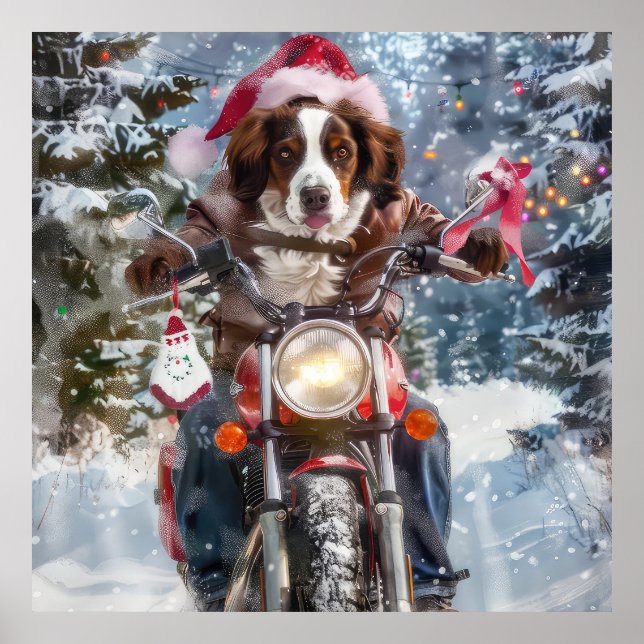 Brittany Spaniel Dog Riding Motorcycle Christmas Poster (Front)