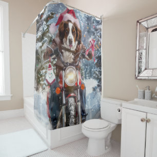 Brittany Spaniel Dog Riding Motorcycle Christmas Shower Curtain
