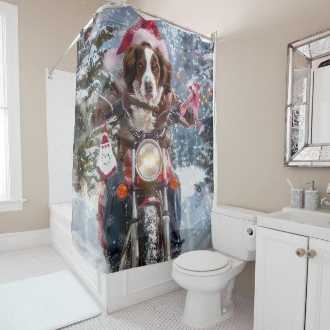 Brittany Spaniel Dog Riding Motorcycle Christmas Shower Curtain (In Situ)