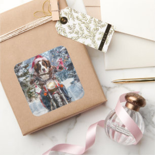 Brittany Spaniel Dog Riding Motorcycle Christmas Square Sticker