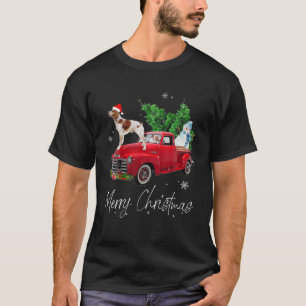 Brittany Spaniel Dog Riding Red Truck Christmas T-Shirt