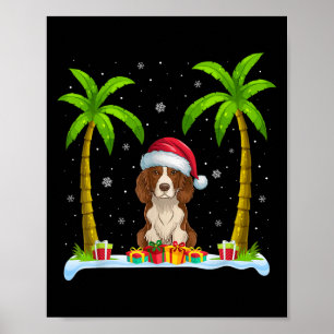 Brittany Spaniel Dog Santa Hat Palm Tree Beach Xma Poster