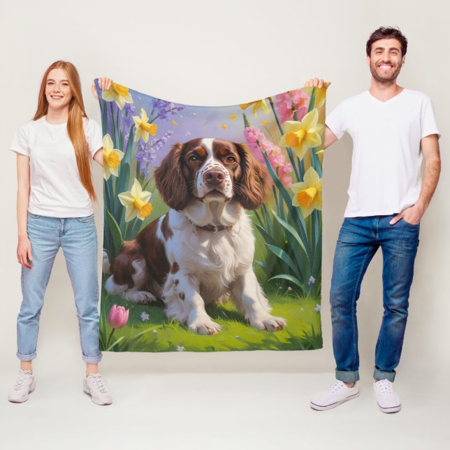 Brittany Spaniel Dog Spring Flowers Painting  Fleece Blanket (In Situ)