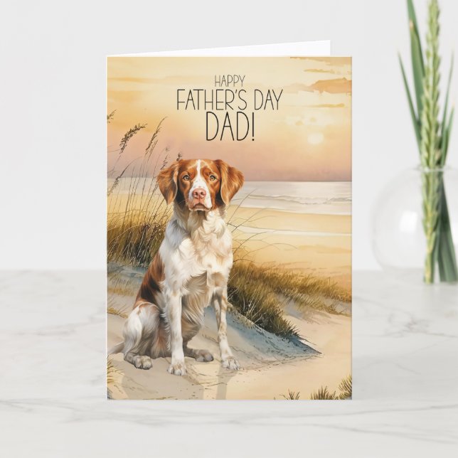 Brittany Spaniel Dog Sunset Beach Father's Day Holiday Card (Front)