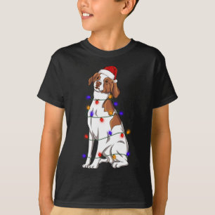 Brittany Spaniel Dog Wearing Christmas Hat Lights T-Shirt