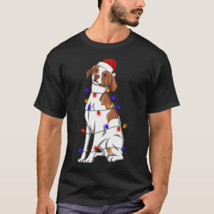 Brittany Spaniel Dog Wearing Christmas Hat Lights T-Shirt