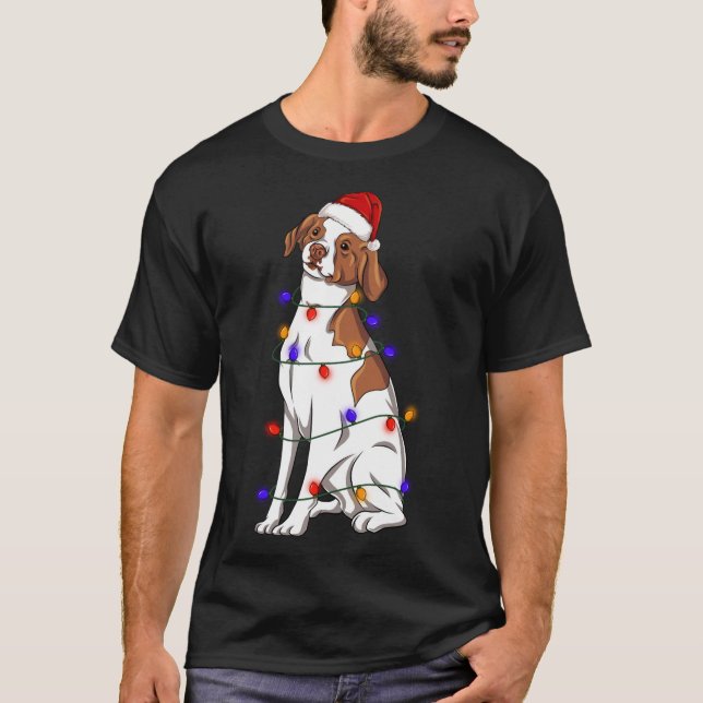 Brittany Spaniel Dog Wearing Christmas Hat Lights T-Shirt (Front)