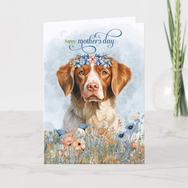 Brittany Spaniel Dog Wildflowers Mother's Day Holiday Card (Front)