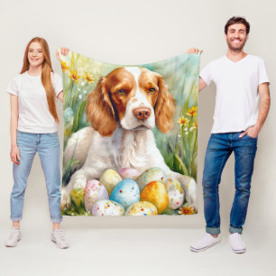 Brittany Spaniel Dog with Easter Eggs Holiday Fleece Blanket