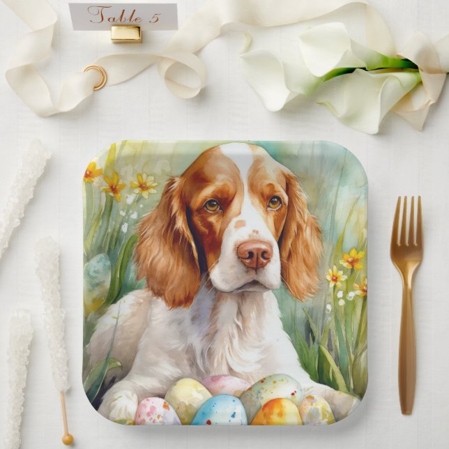 Brittany Spaniel Dog with Easter Eggs Holiday Paper Plate (Wedding)