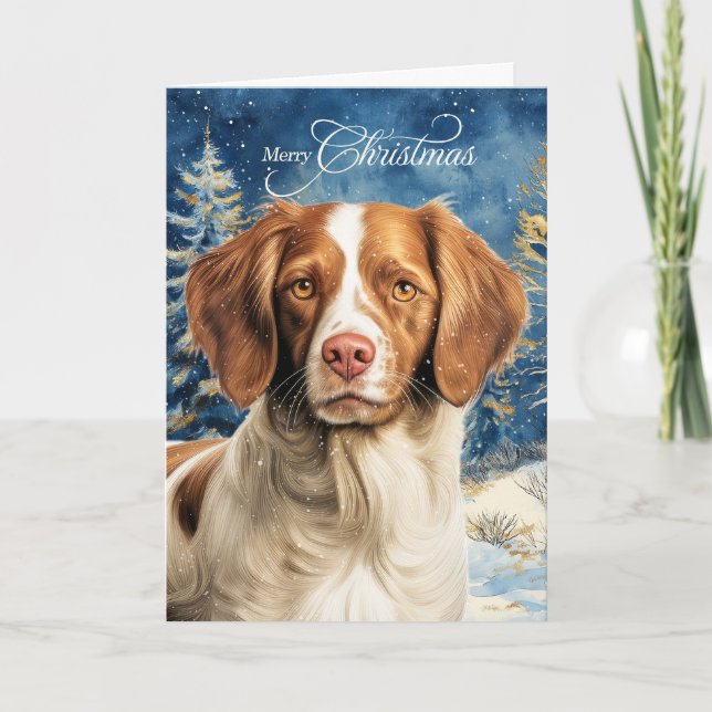 Brittany Spaniel Dog Woodland Forest Christmas Holiday Card (Front)