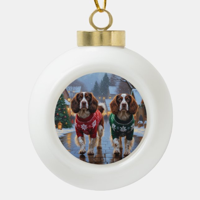 Brittany Spaniel Dogs Christmas Snow Holiday Ceramic Ball Christmas Ornament (Front)