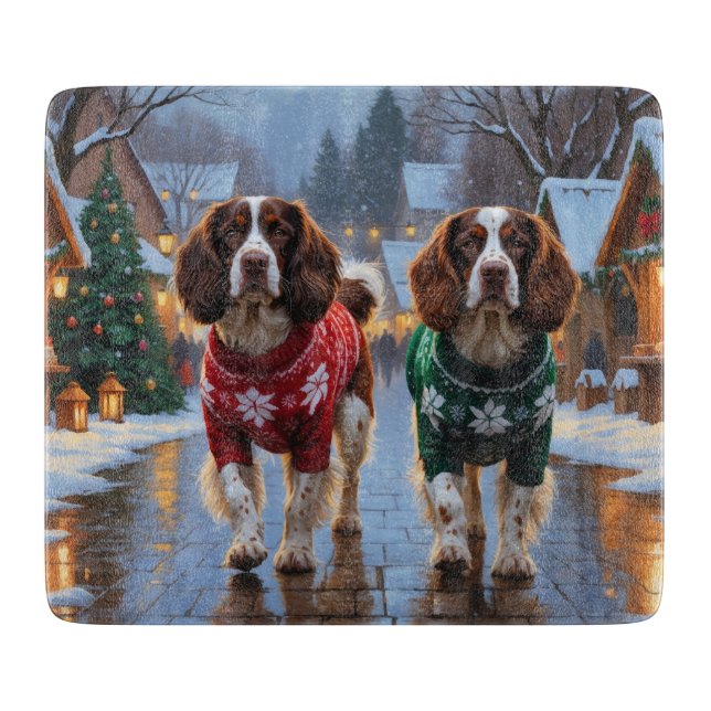 Brittany Spaniel Dogs Christmas Snow Holiday Cutting Board (Front)