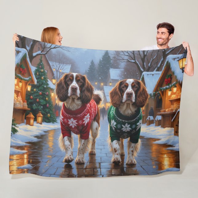 Brittany Spaniel Dogs Christmas Snow Holiday Fleece Blanket (In Situ)
