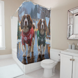 Brittany Spaniel Dogs Christmas Snow Holiday Shower Curtain