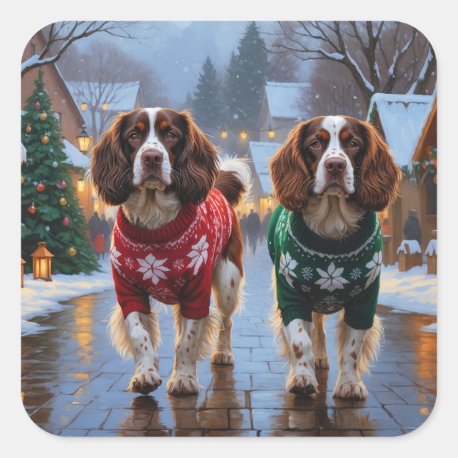 Brittany Spaniel Dogs Christmas Snow Holiday Square Sticker (Front)