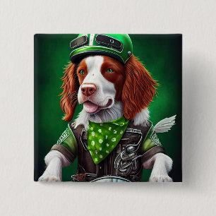 Brittany Spaniel driving bike St. Patrick's Day 15 Cm Square Badge