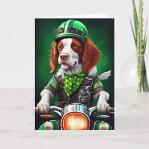 Brittany Spaniel driving bike St. Patrick's Day Card