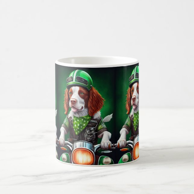 Brittany Spaniel driving bike St. Patrick's Day Coffee Mug (Center)