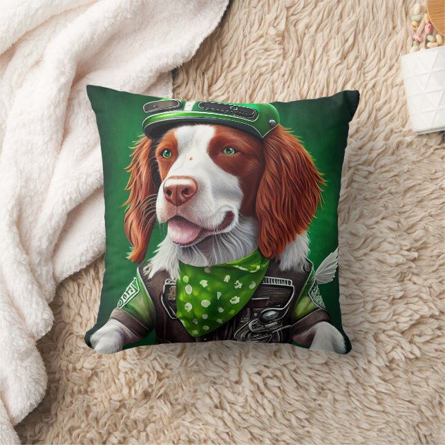 Brittany Spaniel driving bike St. Patrick's Day Cushion (Blanket)