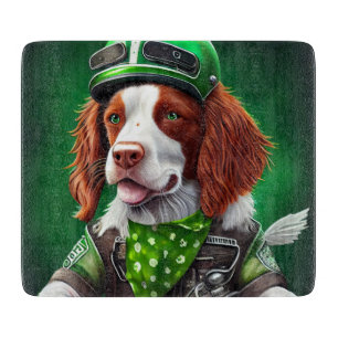 Brittany Spaniel driving bike St. Patrick's Day Cutting Board