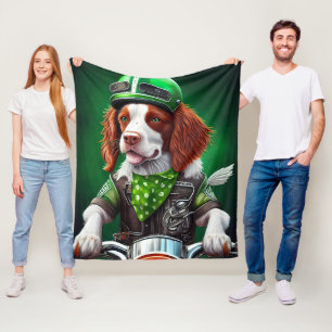 Brittany Spaniel driving bike St. Patrick's Day  Fleece Blanket