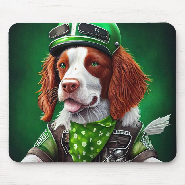Brittany Spaniel driving bike St. Patrick's Day Mouse Mat (Front)