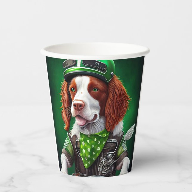 Brittany Spaniel driving bike St. Patrick's Day  Paper Cups (Front)