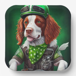 Brittany Spaniel driving bike St. Patrick's Day Paper Plate